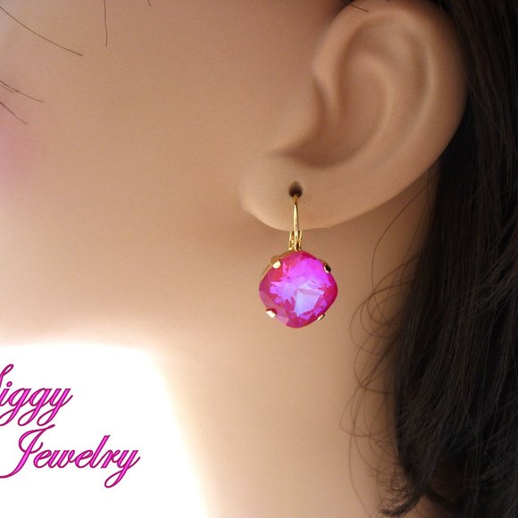 Raspberry Shimmer Premium Crystal Earrings, 12mm Cushion Cut Hot Pink Iridescent - Picture 3 of 4